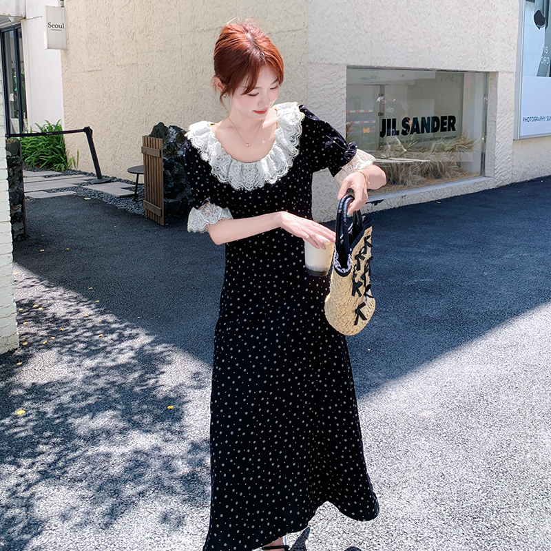 Floral Patchwork Lace Trim French-Style Waist-Cinching Long Dress for Women - Summer 2025 Ankle-Length Fashion Floral Patchwork Lace Trim French-Style Waist-Cinching Long Dress for Women - Summer 2025 Ankle-Length Fashion