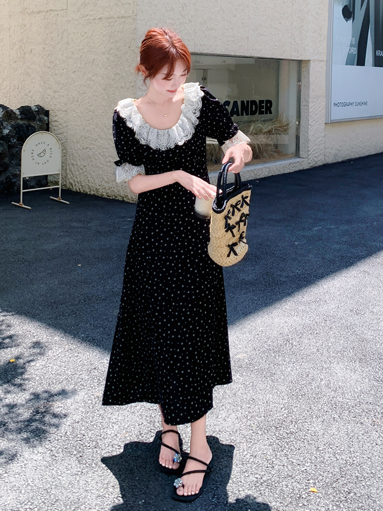 Floral Patchwork Lace Trim French-Style Waist-Cinching Long Dress for Women - Summer 2025 Ankle-Length Fashion Floral Patchwork Lace Trim French-Style Waist-Cinching Long Dress for Women - Summer 2025 Ankle-Length Fashion