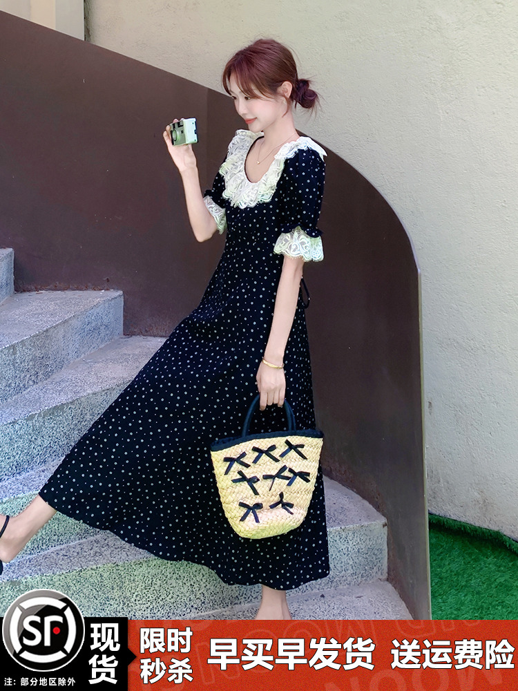 Floral Patchwork Lace Trim French-Style Waist-Cinching Long Dress for Women - Summer 2025 Ankle-Length Fashion Floral Patchwork Lace Trim French-Style Waist-Cinching Long Dress for Women - Summer 2025 Ankle-Length Fashion