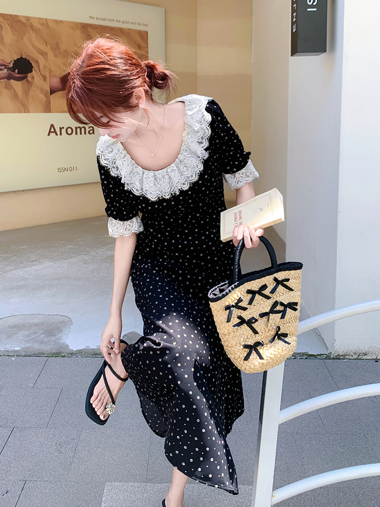 Floral Patchwork Lace Trim French-Style Waist-Cinching Long Dress for Women - Summer 2025 Ankle-Length Fashion