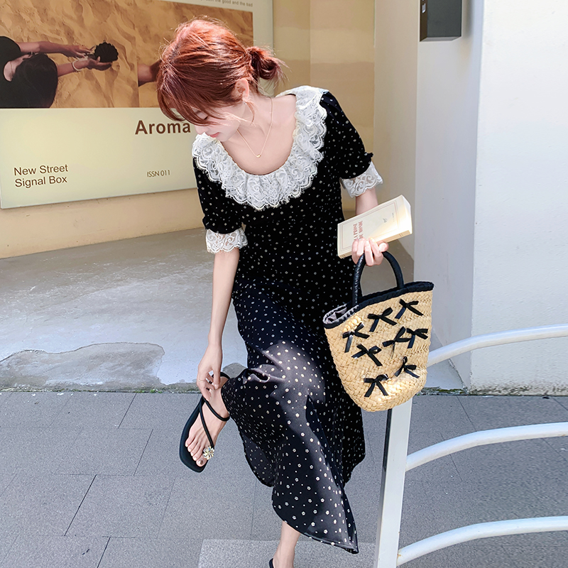 Floral Patchwork Lace Trim French-Style Waist-Cinching Long Dress for Women - Summer 2025 Ankle-Length Fashion