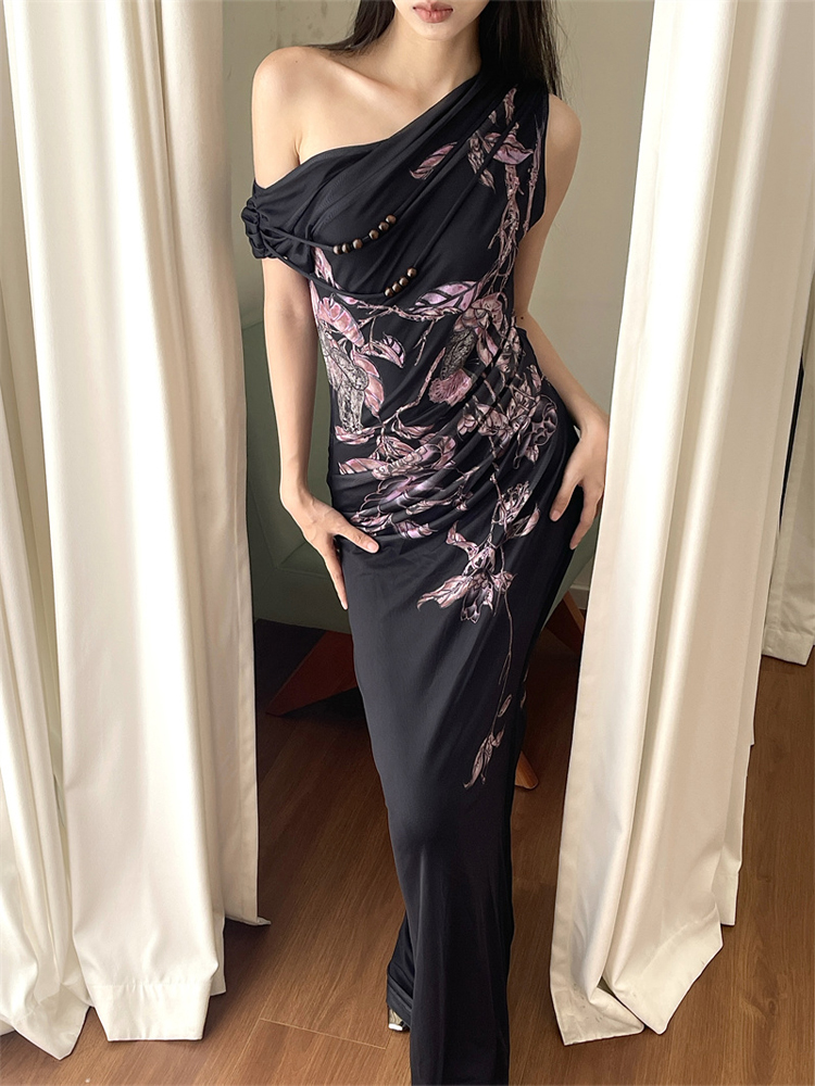 Floral Print Asymmetrical Fishtail Dress - Chinese-Style Slim Fit Spaghetti Strap Summer Fashion