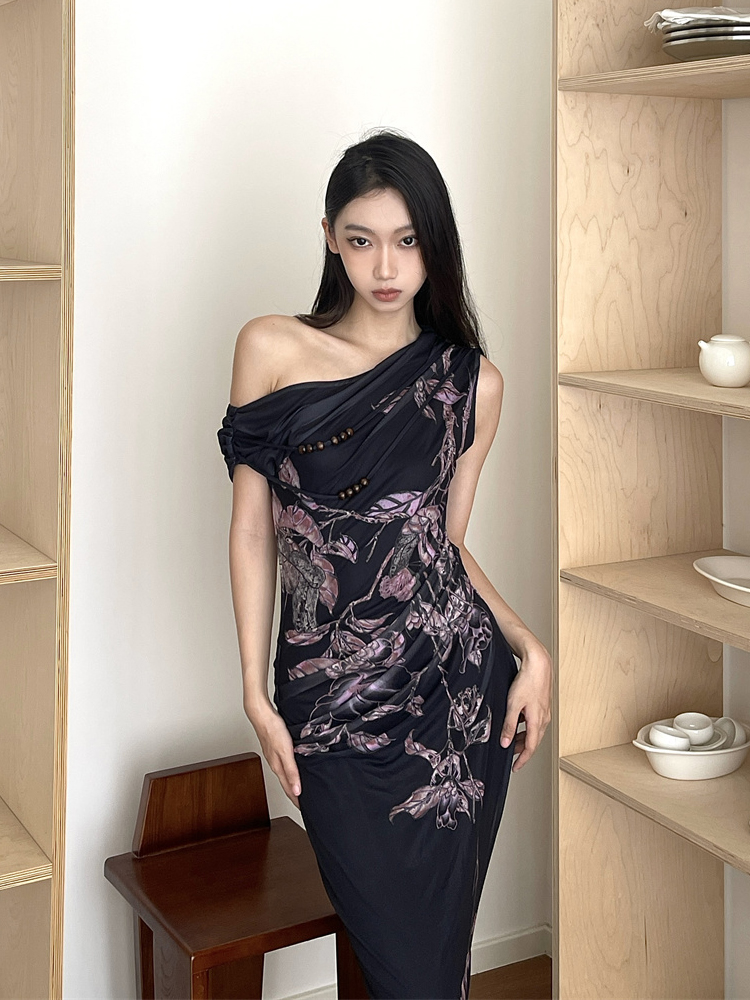 Floral Print Asymmetrical Fishtail Dress - Chinese-Style Slim Fit Spaghetti Strap Summer Fashion