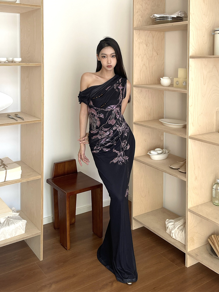 Floral Print Asymmetrical Fishtail Dress - Chinese-Style Slim Fit Spaghetti Strap Summer Fashion Floral Print Asymmetrical Fishtail Dress - Chinese-Style Slim Fit Spaghetti Strap Summer Fashion