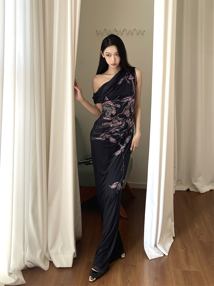 Floral Print Asymmetrical Fishtail Dress - Chinese-Style Slim Fit Spaghetti Strap Summer Fashion Floral Print Asymmetrical Fishtail Dress - Chinese-Style Slim Fit Spaghetti Strap Summer Fashion