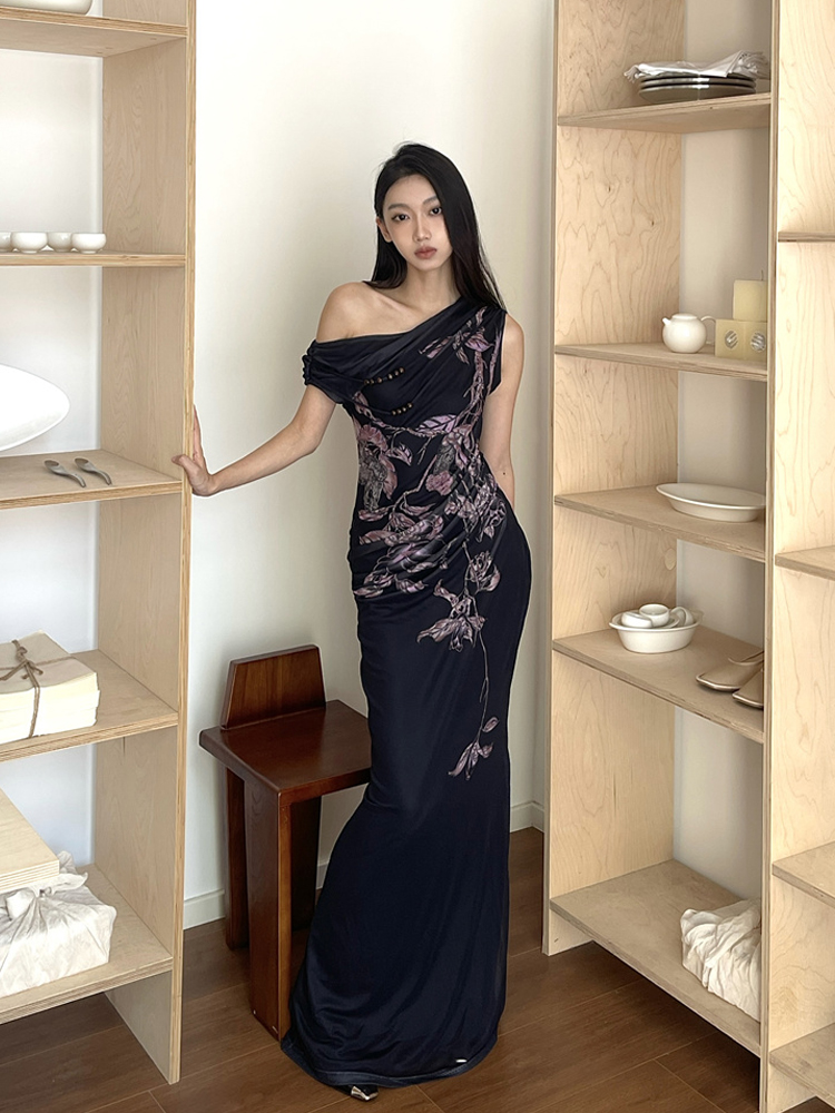 Floral Print Asymmetrical Fishtail Dress - Chinese-Style Slim Fit Spaghetti Strap Summer Fashion Floral Print Asymmetrical Fishtail Dress - Chinese-Style Slim Fit Spaghetti Strap Summer Fashion