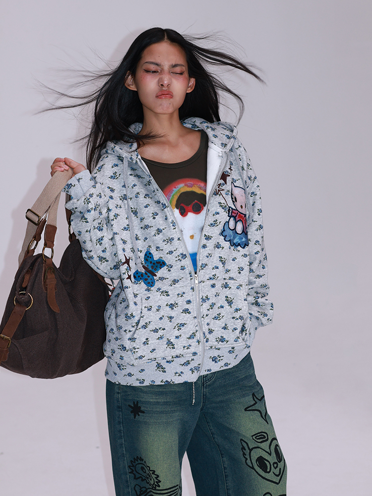 Floral Print Gray Hooded Zip-Up Sweatshirt Cardigan - Long Sleeve Casual Jacket for Y2K and Korean Style Fashion Floral Print Gray Hooded Zip-Up Sweatshirt Cardigan - Long Sleeve Casual Jacket for Y2K and Korean Style Fashion