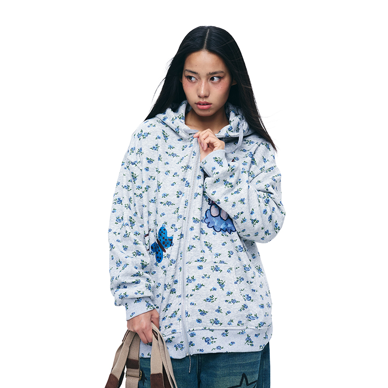 Floral Print Gray Hooded Zip-Up Sweatshirt Cardigan - Long Sleeve Casual Jacket for Y2K and Korean Style Fashion