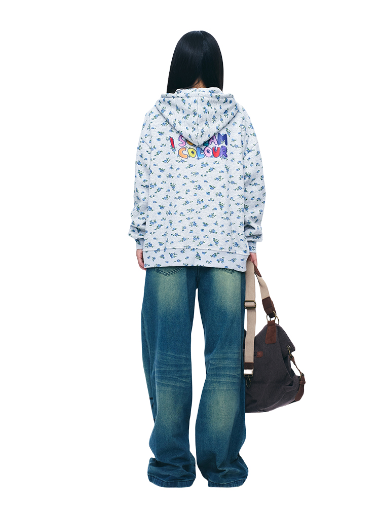 Floral Print Gray Hooded Zip-Up Sweatshirt Cardigan - Long Sleeve Casual Jacket for Y2K and Korean Style Fashion Floral Print Gray Hooded Zip-Up Sweatshirt Cardigan - Long Sleeve Casual Jacket for Y2K and Korean Style Fashion