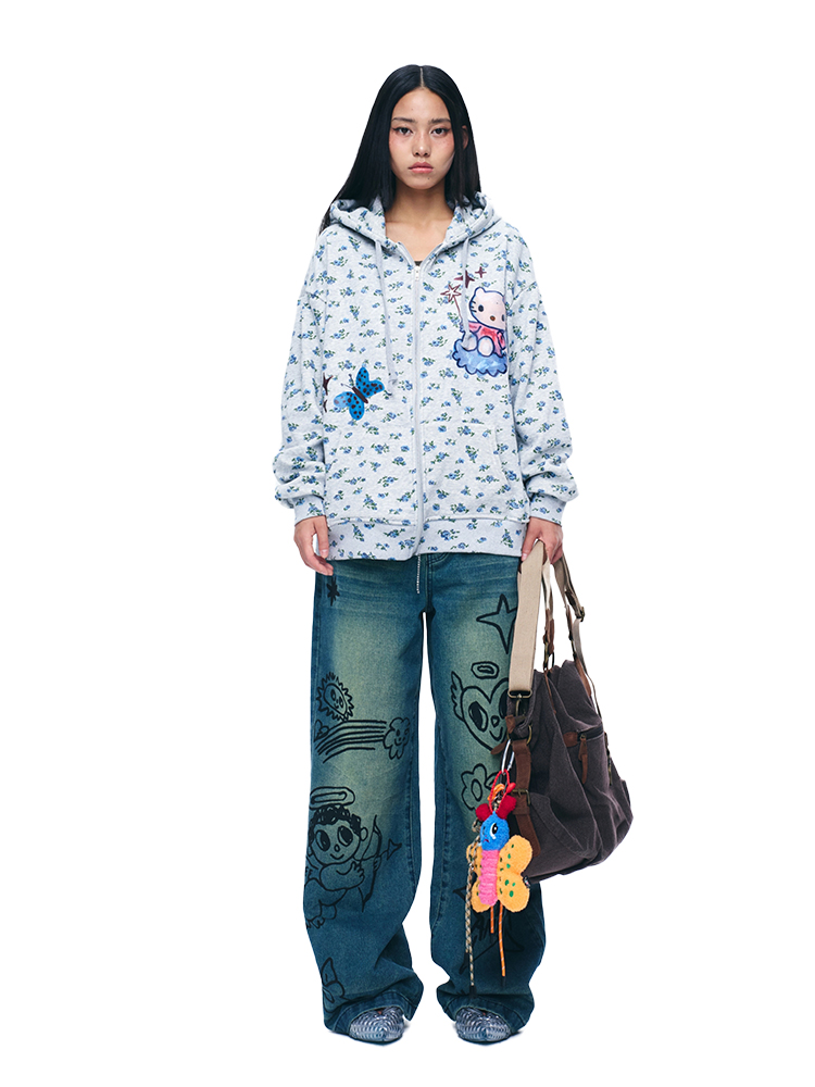 Floral Print Gray Hooded Zip-Up Sweatshirt Cardigan - Long Sleeve Casual Jacket for Y2K and Korean Style Fashion Floral Print Gray Hooded Zip-Up Sweatshirt Cardigan - Long Sleeve Casual Jacket for Y2K and Korean Style Fashion