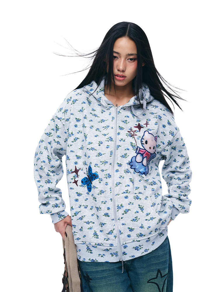 Floral Print Gray Hooded Zip-Up Sweatshirt Cardigan - Long Sleeve Casual Jacket for Y2K and Korean Style Fashion