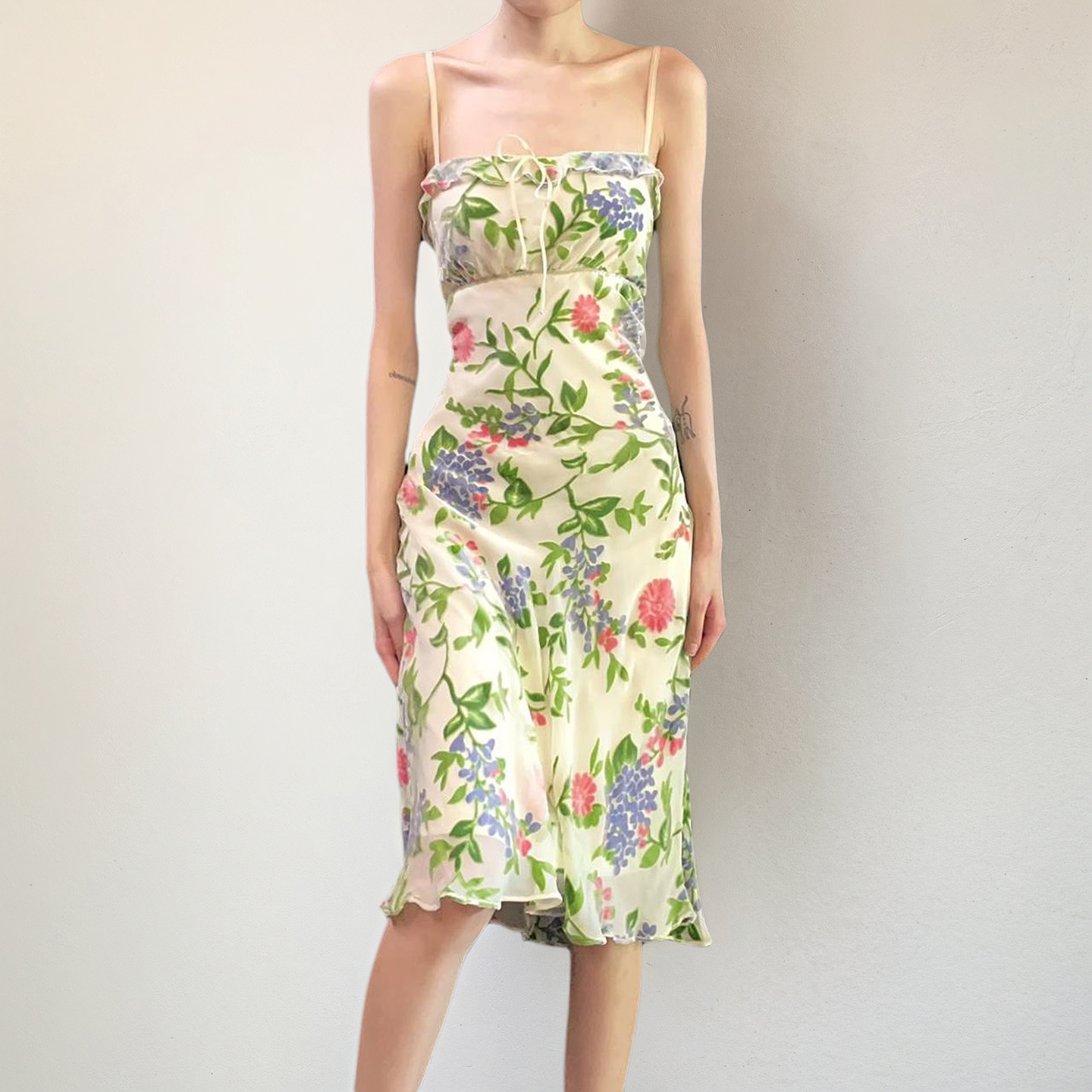 Floral Print Off-The-Shoulder Tulle Midi Dress with Ruffles - French Countryside Style Camisole for Women, Perfect for Summer Events