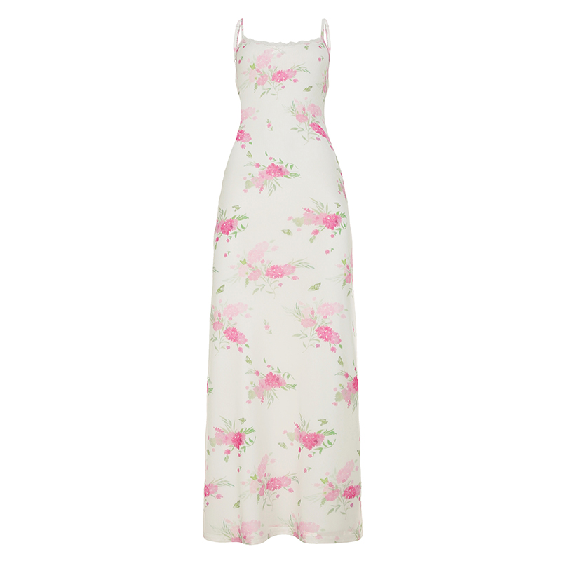 Floral Printed Mesh Camisole Long Dress - Vintage European & American Style, Hot Girl Beach Dress for Summer Vacation