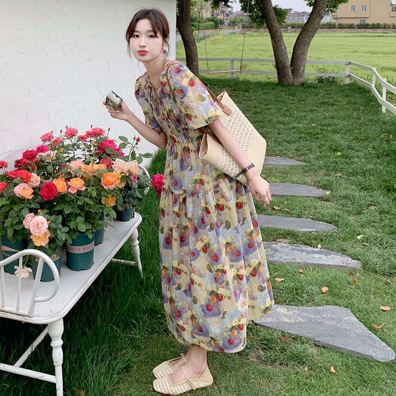 Floral Puff Sleeve Dress for Women - Unique Summer Vacation Dress in Stunning Oil Painting Style with Waist-Cinching Design