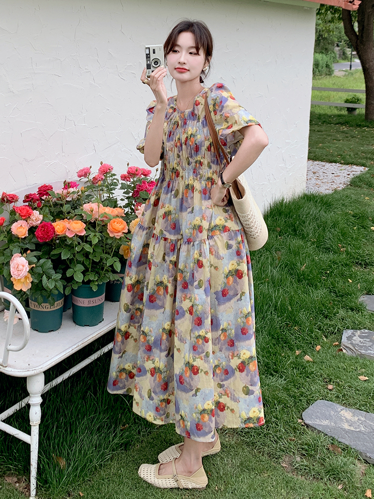 Floral Puff Sleeve Dress for Women - Unique Summer Vacation Dress in Stunning Oil Painting Style with Waist-Cinching Design Floral Puff Sleeve Dress for Women - Unique Summer Vacation Dress in Stunning Oil Painting Style with Waist-Cinching Design