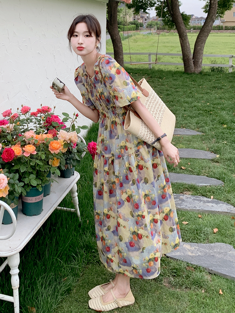 Floral Puff Sleeve Dress for Women - Unique Summer Vacation Dress in Stunning Oil Painting Style with Waist-Cinching Design