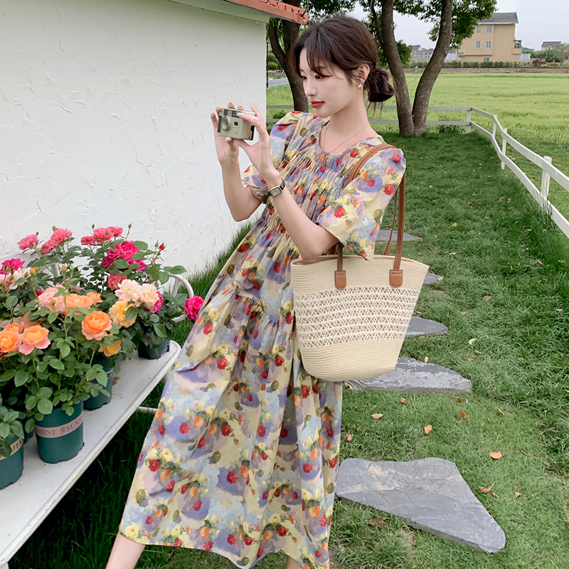 Floral Puff Sleeve Dress for Women - Unique Summer Vacation Dress in Stunning Oil Painting Style with Waist-Cinching Design Floral Puff Sleeve Dress for Women - Unique Summer Vacation Dress in Stunning Oil Painting Style with Waist-Cinching Design