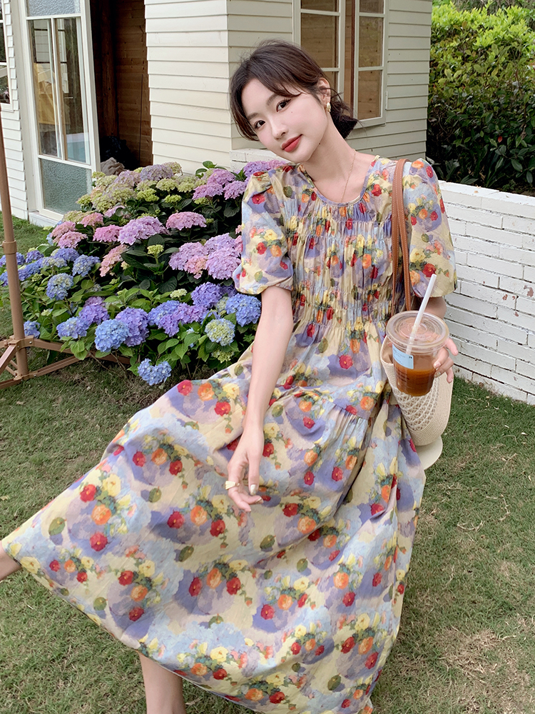 Floral Puff Sleeve Dress for Women - Unique Summer Vacation Dress in Stunning Oil Painting Style with Waist-Cinching Design Floral Puff Sleeve Dress for Women - Unique Summer Vacation Dress in Stunning Oil Painting Style with Waist-Cinching Design