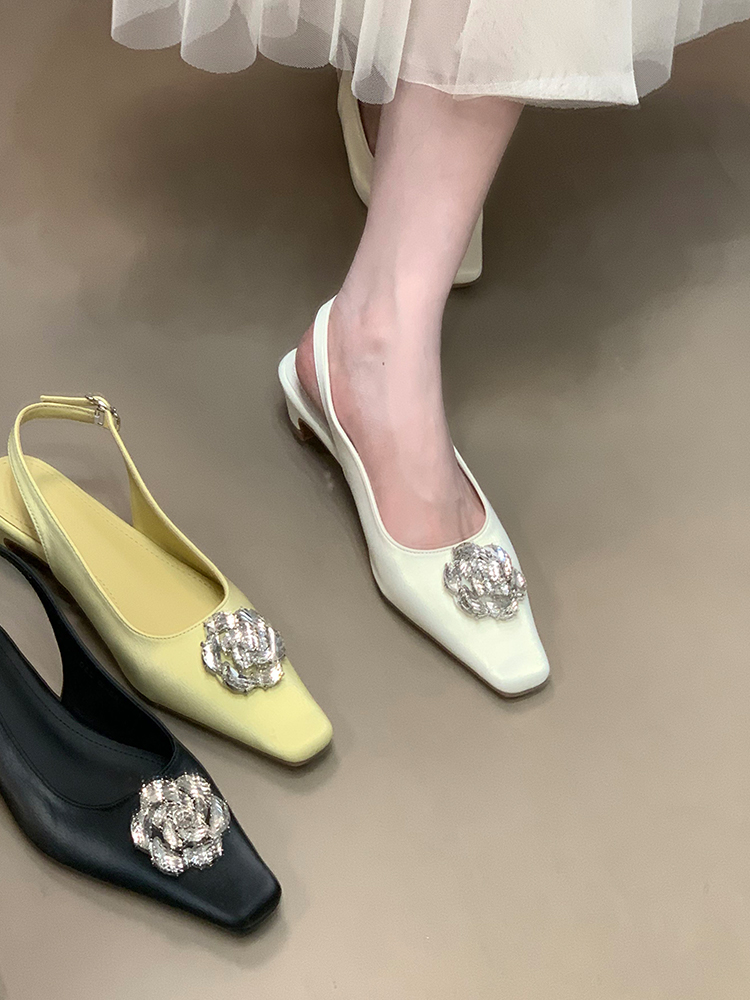 Floral Rhinestone Open-Toe Sandals, Backless Flats with Low Heels, Square Toes, Fairy Style, Summer Fashion, Boho Chic