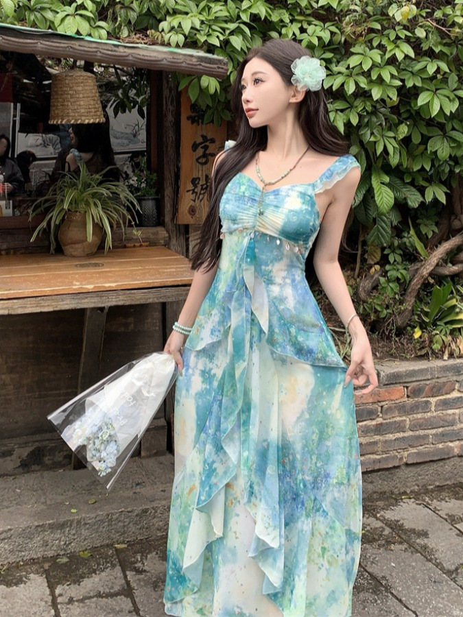 Floral Ruffled Camisole Dress for Women - French-Style Dopamine Print, Summer Ultra-Fairy Seaside Vacation Dress
