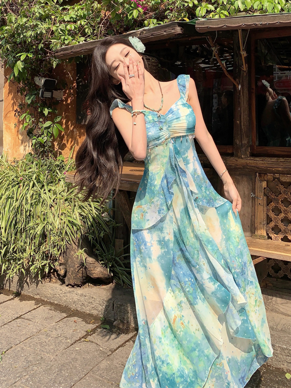 Floral Ruffled Camisole Dress for Women - French-Style Dopamine Print, Summer Ultra-Fairy Seaside Vacation Dress Floral Ruffled Camisole Dress for Women - French-Style Dopamine Print, Summer Ultra-Fairy Seaside Vacation Dress