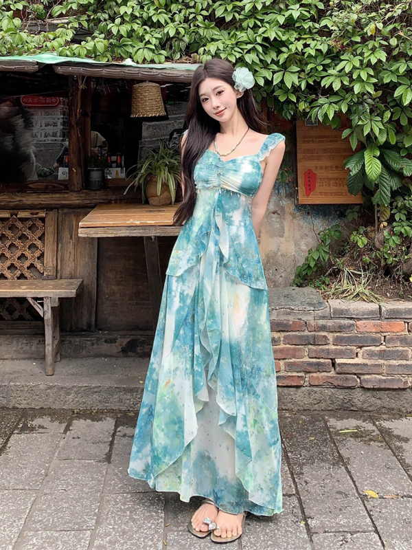 Floral Ruffled Camisole Dress for Women - French-Style Dopamine Print, Summer Ultra-Fairy Seaside Vacation Dress Floral Ruffled Camisole Dress for Women - French-Style Dopamine Print, Summer Ultra-Fairy Seaside Vacation Dress