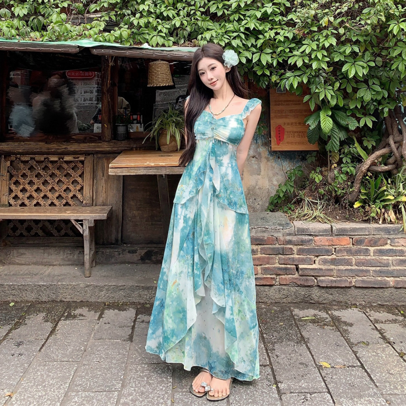 Floral Ruffled Camisole Dress for Women - French-Style Dopamine Print, Summer Ultra-Fairy Seaside Vacation Dress