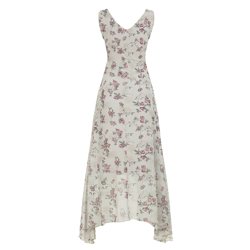 Floral Ruffled Neck Vest Dress for Vacation, Waist-Cinching and Slimming Sheer Irregular Skirt, Perfect for Summer and Y2K Style