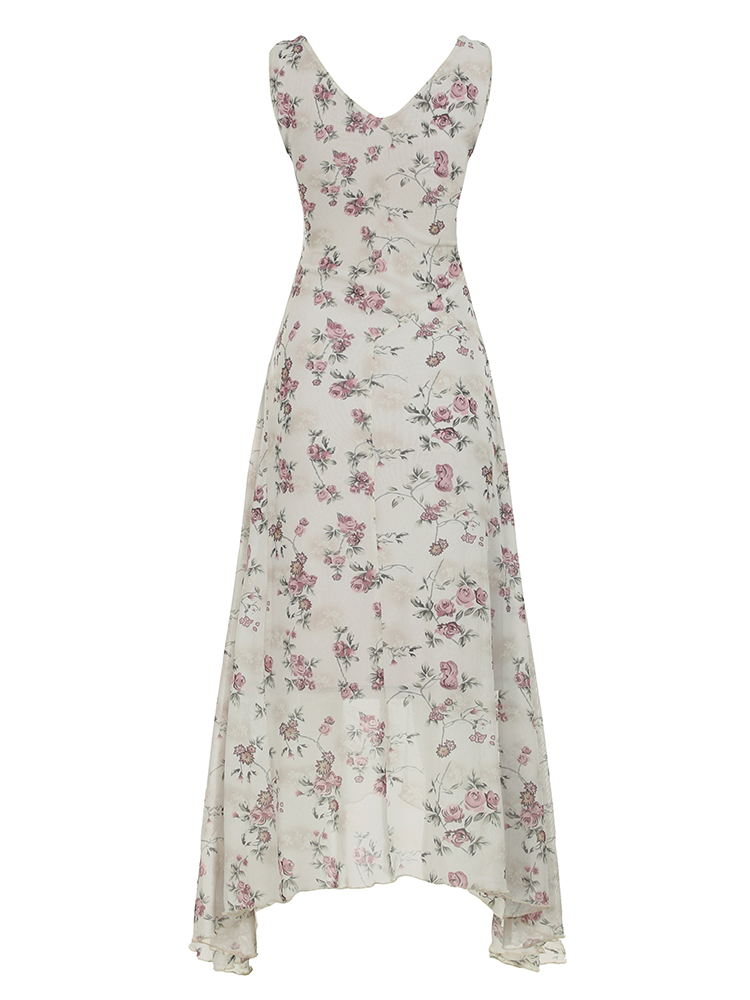 Floral Ruffled Neck Vest Dress for Vacation, Waist-Cinching and Slimming Sheer Irregular Skirt, Perfect for Summer and Y2K Style Floral Ruffled Neck Vest Dress for Vacation, Waist-Cinching and Slimming Sheer Irregular Skirt, Perfect for Summer and Y2K Style