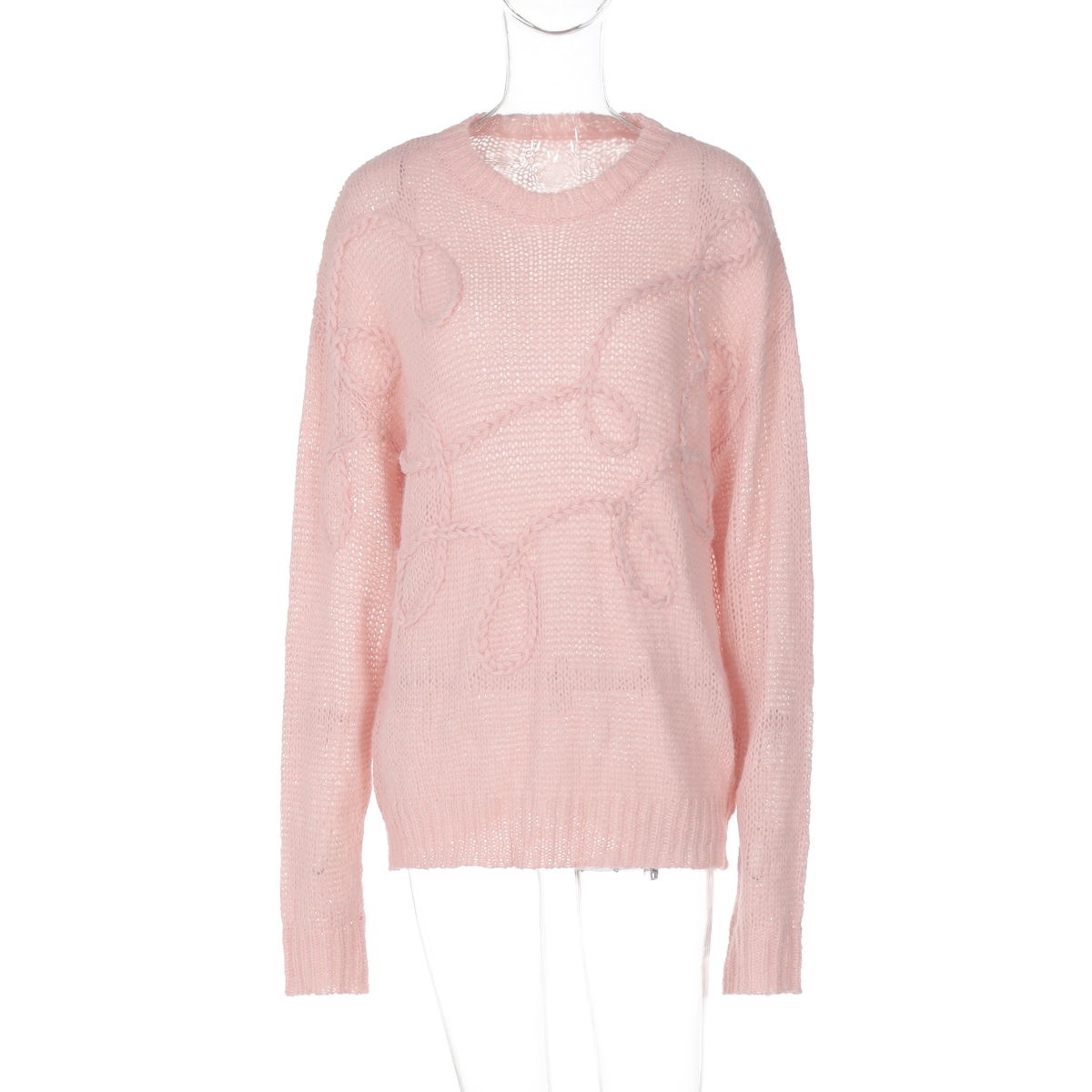 Floral Sheer Long Sleeve Knitted Sweater - Versatile Round Neck Mid-Length Top for Women - Autumn Fashion Essential