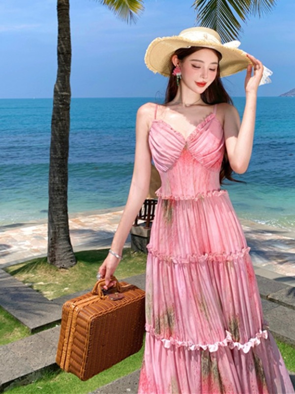 Floral Spaghetti Strap Dress for Women - Summer Vacation Style, Waist-Cinching, Long Cake Dress, Perfect for 90s and Y2K Fashion Floral Spaghetti Strap Dress for Women - Summer Vacation Style, Waist-Cinching, Long Cake Dress, Perfect for 90s and Y2K Fashion