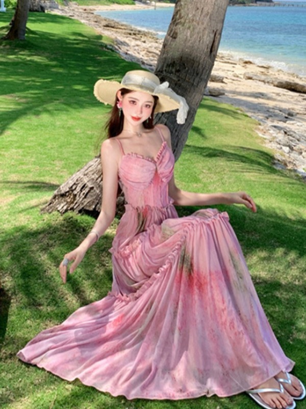 Floral Spaghetti Strap Dress for Women - Summer Vacation Style, Waist-Cinching, Long Cake Dress, Perfect for 90s and Y2K Fashion Floral Spaghetti Strap Dress for Women - Summer Vacation Style, Waist-Cinching, Long Cake Dress, Perfect for 90s and Y2K Fashion