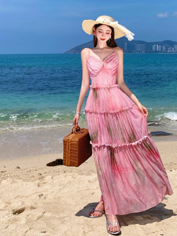 Floral Spaghetti Strap Dress for Women - Summer Vacation Style, Waist-Cinching, Long Cake Dress, Perfect for 90s and Y2K Fashion