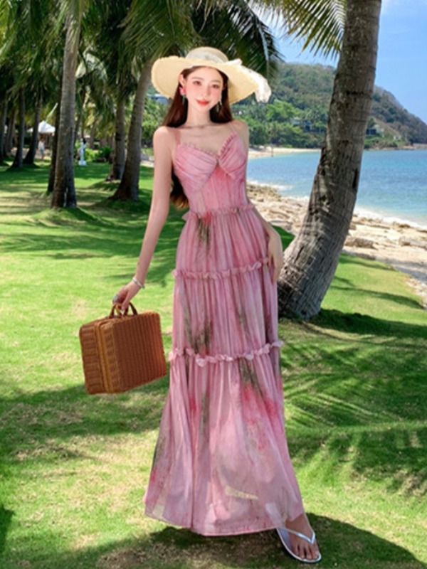 Floral Spaghetti Strap Dress for Women - Summer Vacation Style, Waist-Cinching, Long Cake Dress, Perfect for 90s and Y2K Fashion Floral Spaghetti Strap Dress for Women - Summer Vacation Style, Waist-Cinching, Long Cake Dress, Perfect for 90s and Y2K Fashion