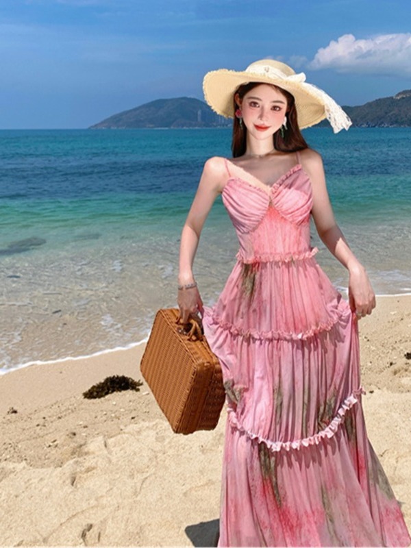 Floral Spaghetti Strap Dress for Women - Summer Vacation Style, Waist-Cinching, Long Cake Dress, Perfect for 90s and Y2K Fashion