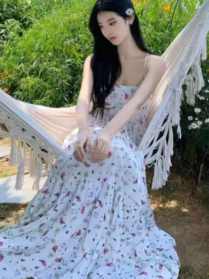 Floral Spaghetti Strap Dress for Women – French Style Backless Beach Dress for Summer Vacation & Photo Shoots Floral Spaghetti Strap Dress for Women – French Style Backless Beach Dress for Summer Vacation & Photo Shoots