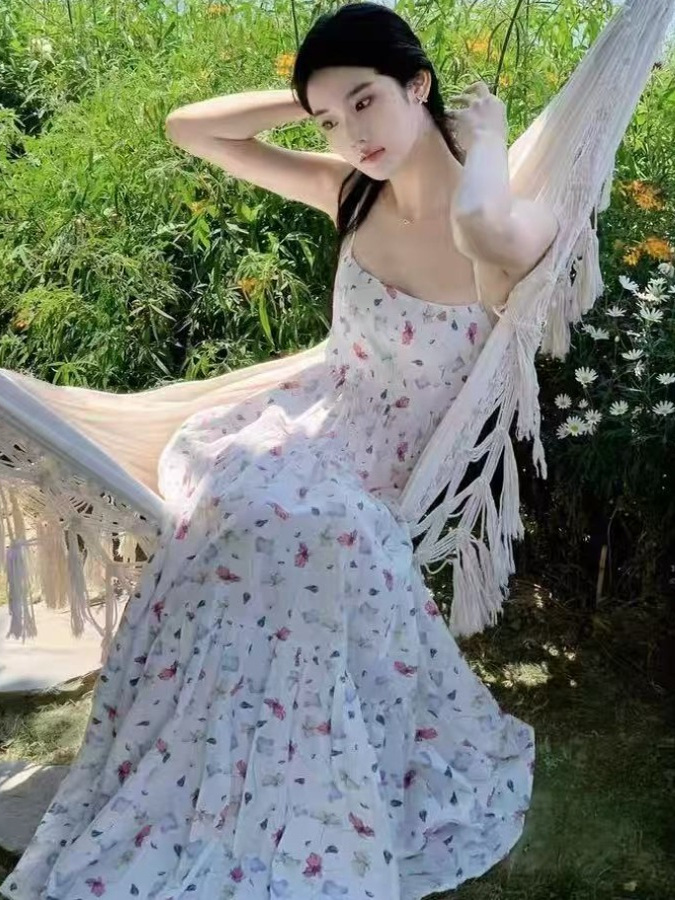 Floral Spaghetti Strap Dress for Women â€“ French Style Backless Beach Dress for Summer Vacation & Photo Shoots
