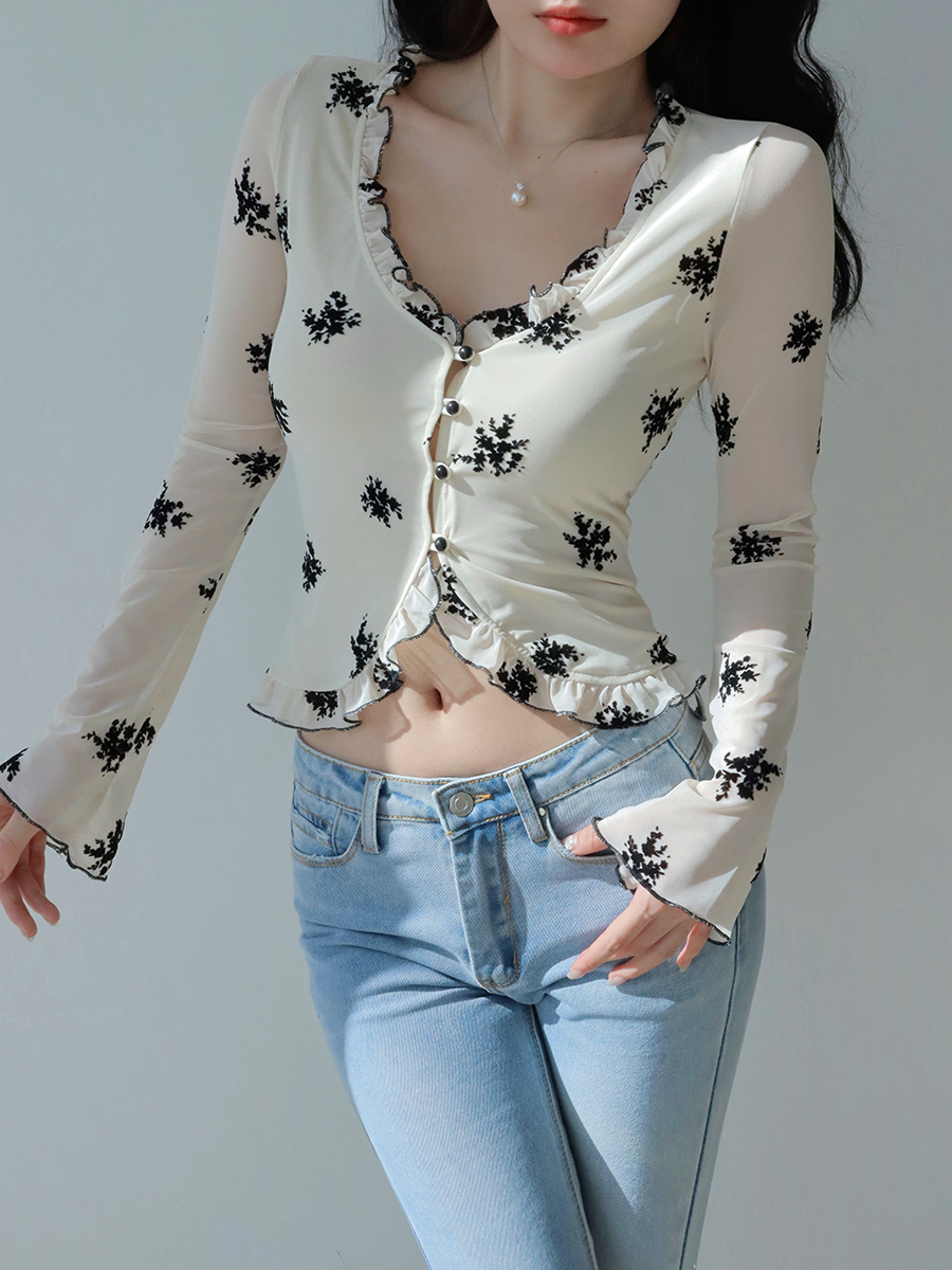 Floral V-Neck Ruffled Casual Long Sleeve Top with Retro Flared Sleeves - French Velvet Cardigan for Y2K and Vintage Style Floral V-Neck Ruffled Casual Long Sleeve Top with Retro Flared Sleeves - French Velvet Cardigan for Y2K and Vintage Style