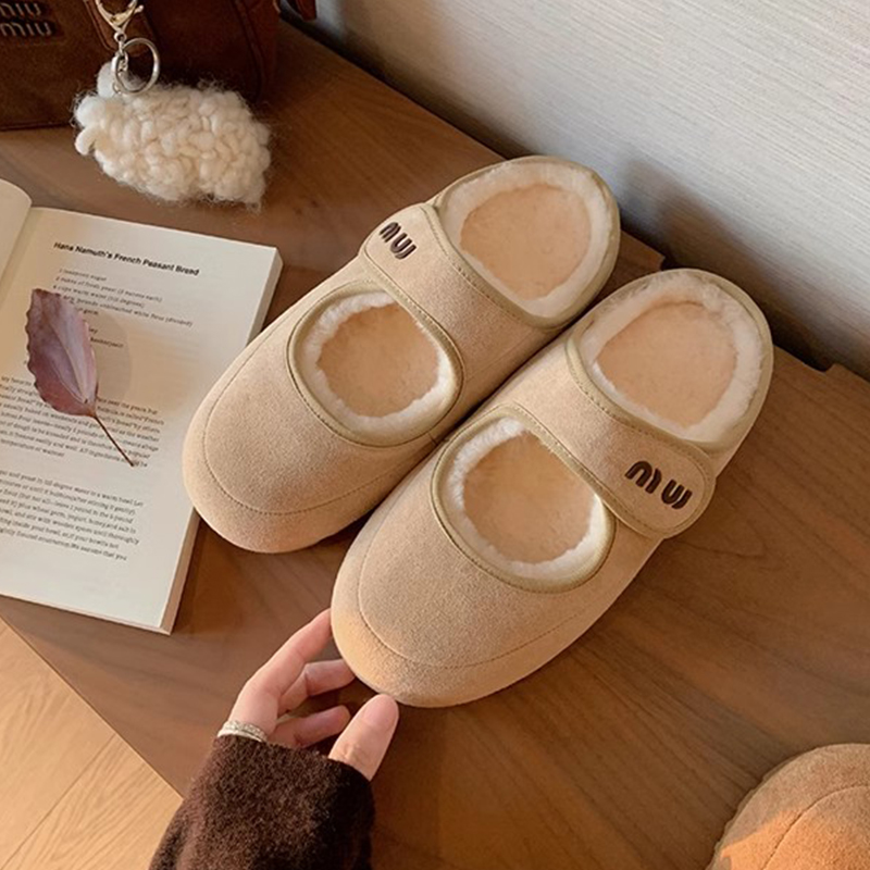 Fluffy Genuine Leather Slippers for Women, Velcro Mary Jane Snow Boots, Warm Closed-Toe Mules for Autumn and Winter Style