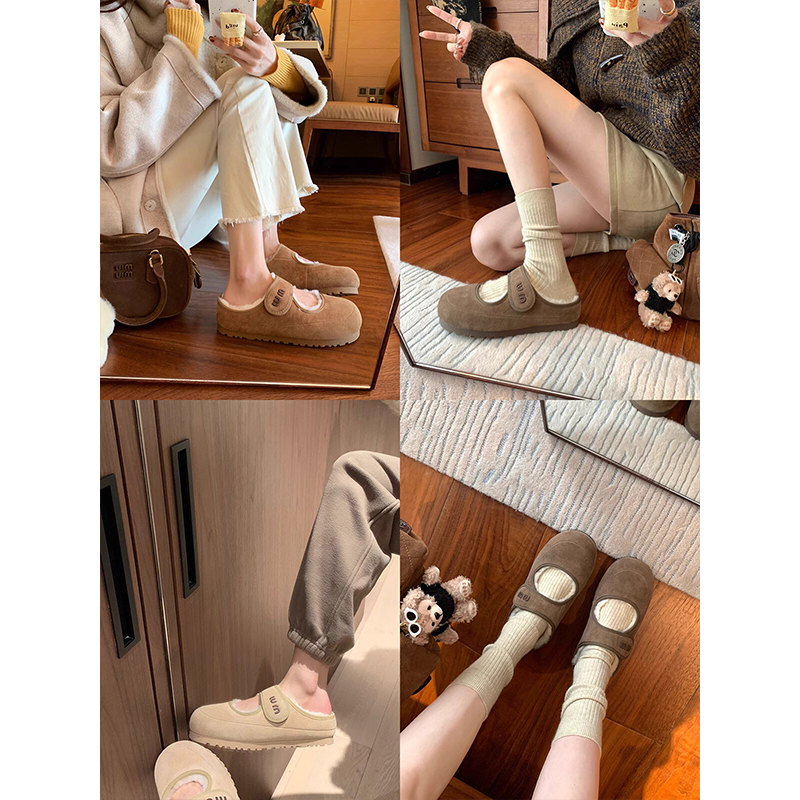 Fluffy Genuine Leather Slippers for Women, Velcro Mary Jane Snow Boots, Warm Closed-Toe Mules for Autumn and Winter Style Fluffy Genuine Leather Slippers for Women, Velcro Mary Jane Snow Boots, Warm Closed-Toe Mules for Autumn and Winter Style