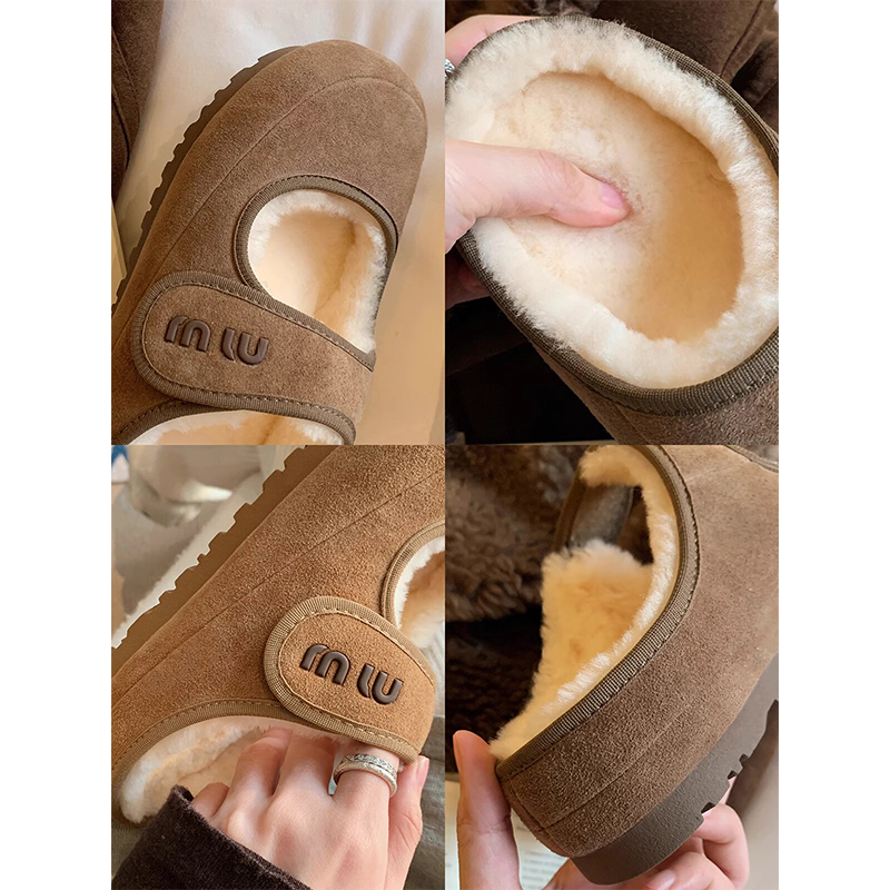 Fluffy Genuine Leather Slippers for Women, Velcro Mary Jane Snow Boots, Warm Closed-Toe Mules for Autumn and Winter Style Fluffy Genuine Leather Slippers for Women, Velcro Mary Jane Snow Boots, Warm Closed-Toe Mules for Autumn and Winter Style