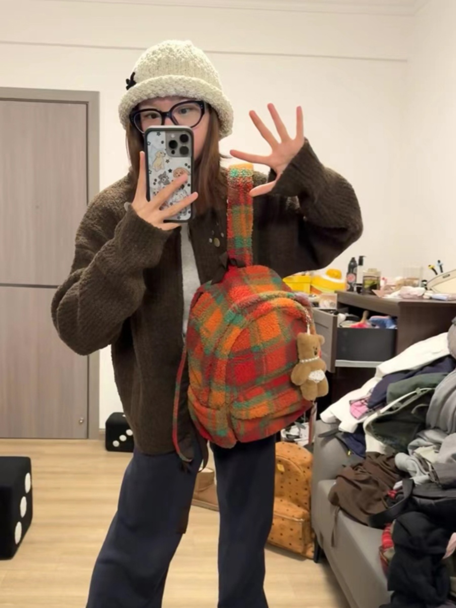 Fluffy Plaid Backpack - Vintage Autumn Winter Lamb Wool Commuter School Bag for Women - Large Capacity for Classes