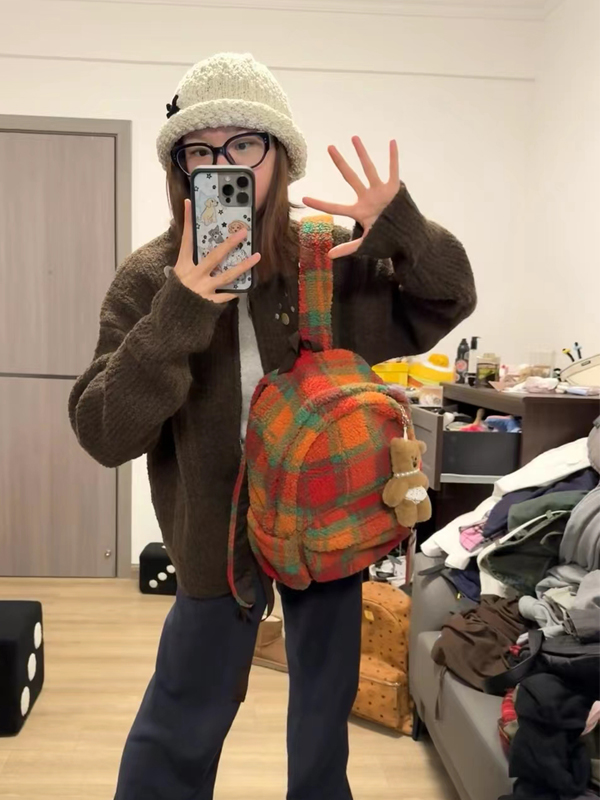 Fluffy Plaid Backpack - Vintage Autumn Winter Lamb Wool Commuter School Bag for Women - Large Capacity for Classes