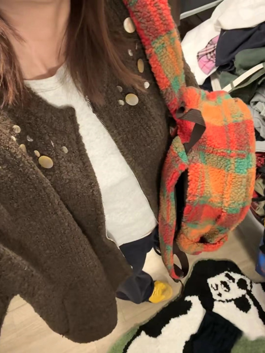 Fluffy Plaid Backpack - Vintage Autumn Winter Lamb Wool Commuter School Bag for Women - Large Capacity for Classes Fluffy Plaid Backpack - Vintage Autumn Winter Lamb Wool Commuter School Bag for Women - Large Capacity for Classes