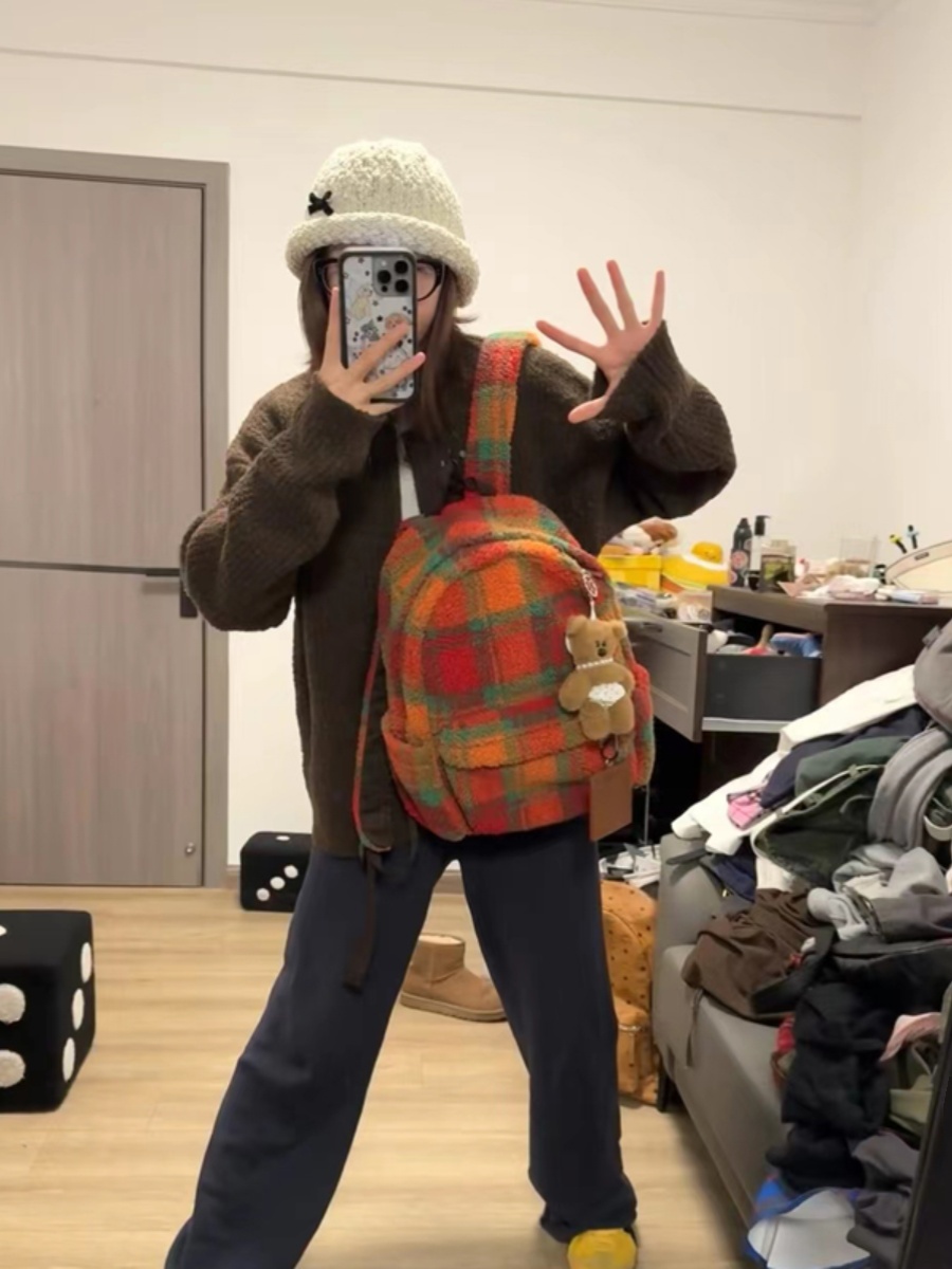 Fluffy Plaid Backpack - Vintage Autumn Winter Lamb Wool Commuter School Bag for Women - Large Capacity for Classes Fluffy Plaid Backpack - Vintage Autumn Winter Lamb Wool Commuter School Bag for Women - Large Capacity for Classes