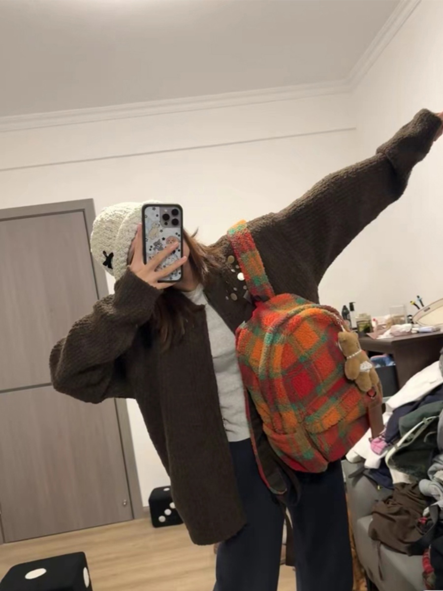 Fluffy Plaid Backpack - Vintage Autumn Winter Lamb Wool Commuter School Bag for Women - Large Capacity for Classes Fluffy Plaid Backpack - Vintage Autumn Winter Lamb Wool Commuter School Bag for Women - Large Capacity for Classes