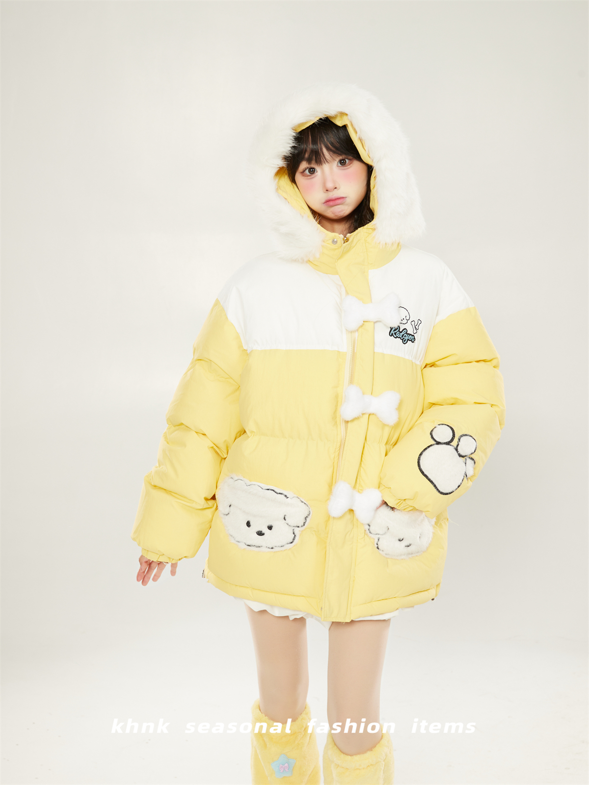 Fluffy Yellow Spliced Fur-Collared Hooded Cotton Coat for Women - Winter Korean Style Cute Trendy Jacket
