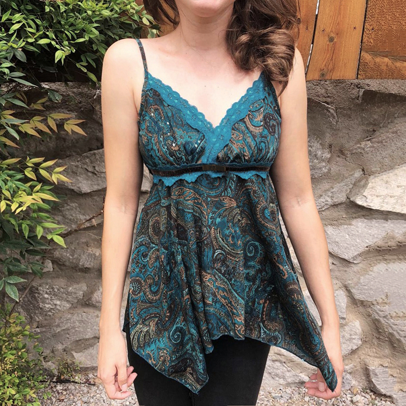 Forest Galaxy Cashew Flower Lace Trim Camisole - Irregular Loose Fit Top for Boho Chic Style Forest Galaxy Cashew Flower Lace Trim Camisole - Irregular Loose Fit Top for Boho Chic Style