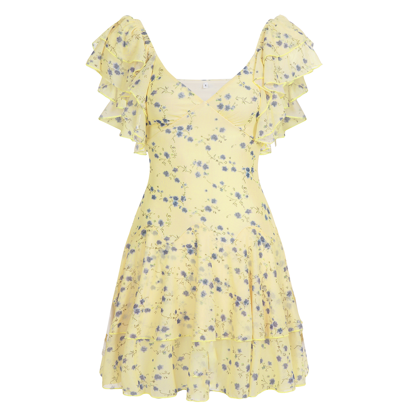 Forest Style Pastoral Floral V-Neck Short Dress with Flowing Sleeves and Waist-Defined Fit - Romantic 90s Inspired Look