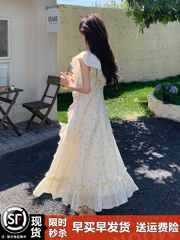 French Beige V-Neck Floral Dress for Women - Sleeveless Long Summer Dress with Unique Gentle Temperament Style French Beige V-Neck Floral Dress for Women - Sleeveless Long Summer Dress with Unique Gentle Temperament Style